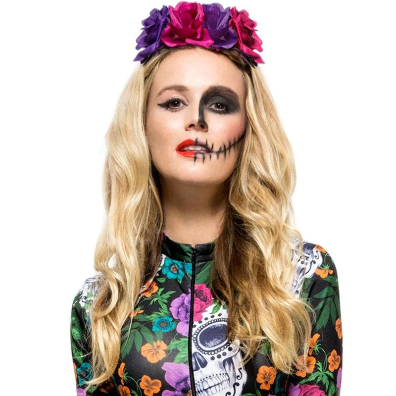 Diadema Catrina con flores rosas y moradas