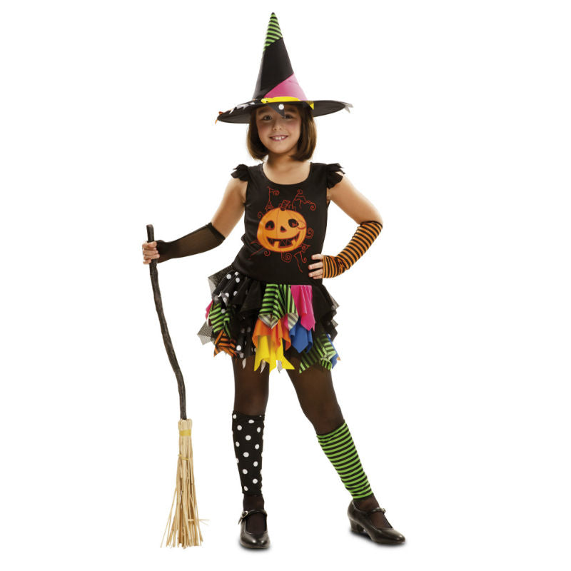 Costume Strega Bambina 4 Pezzi - Gonna Tulle Zucca Con Cappello E Scopa Per Halloween