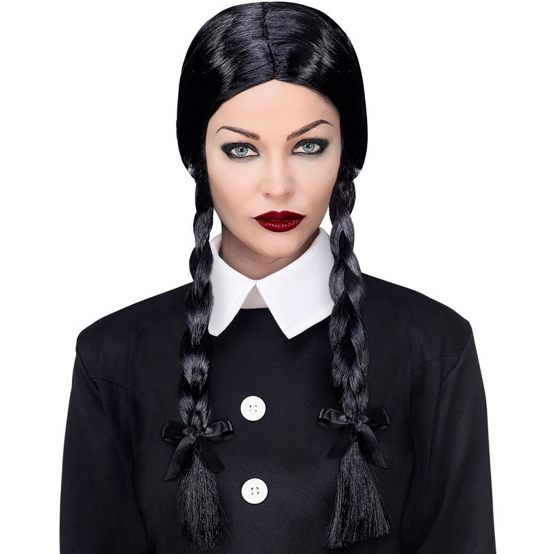 Mercoled&igrave; Addams Parrucca Con Frangia, Lunga Nera Doppia