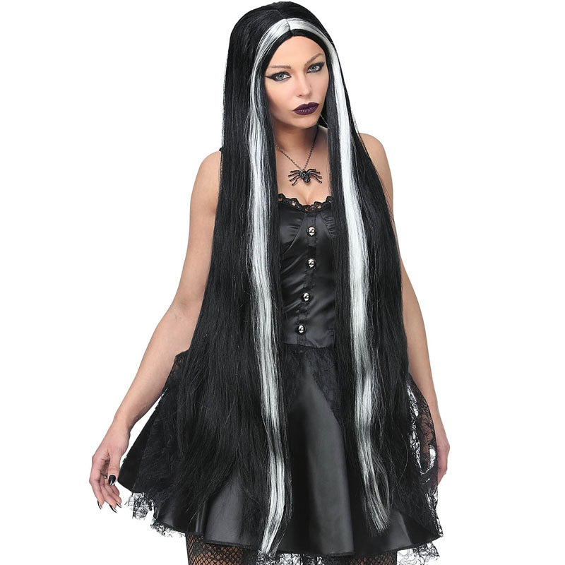 Peluca negra extra larga con mechones blancos