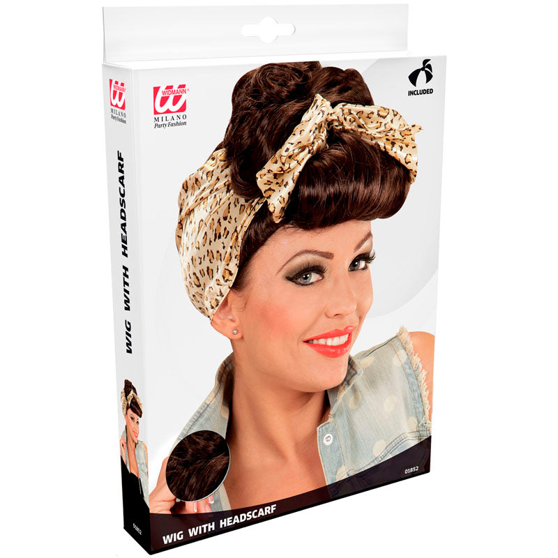 Peluca Pin Up castaña con foulard Packaging