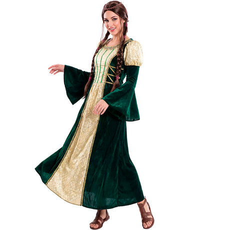 Disfraz de Dama Medieval Verde y Dorada para mujer perfil
