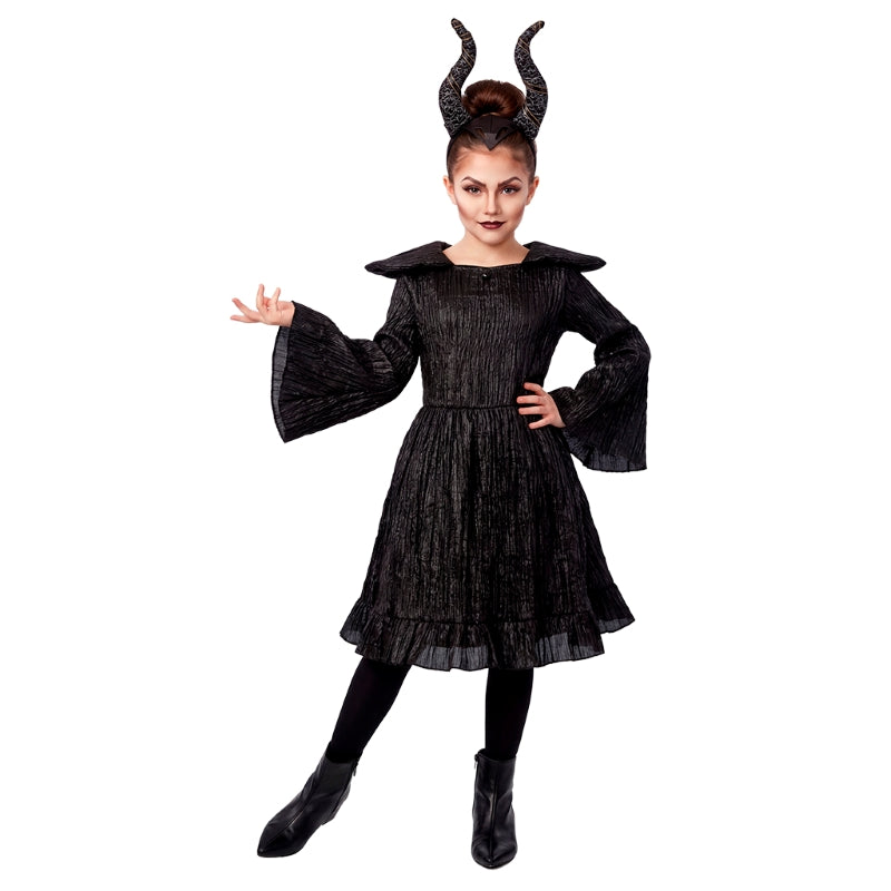 AOLIUP Malefica Costume Donna: Gotico Vestito Strega Maleficent con Corna Scialle di Piume e Polsini per Halloween Carnevale Cosplay Festa Abito