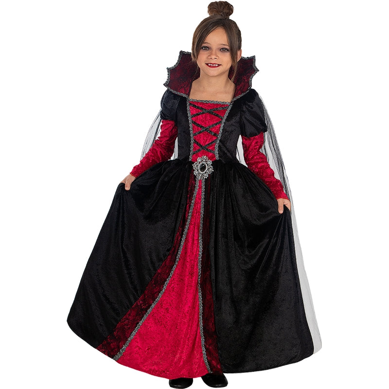 Costume Vampiro Bambina Con Abito Rosso E Nero, Collana, Bracciale, Adesivi | Vestito Gotico Halloween Per Ragazze, Taglie S-XL