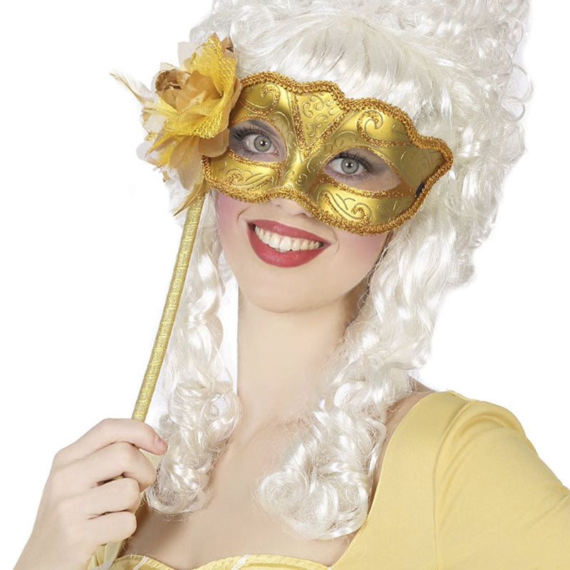 Maschera veneziana dorata con supporto Accessori per Carnevale