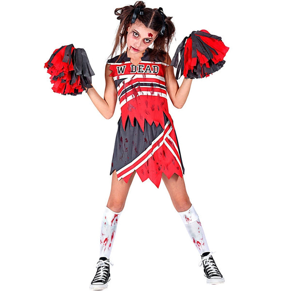 Cheerleader vampiro da donna per Halloween, taglia S, 40-42, abito da cheerleader nero con pompon rossi, sangue finto e facepaint