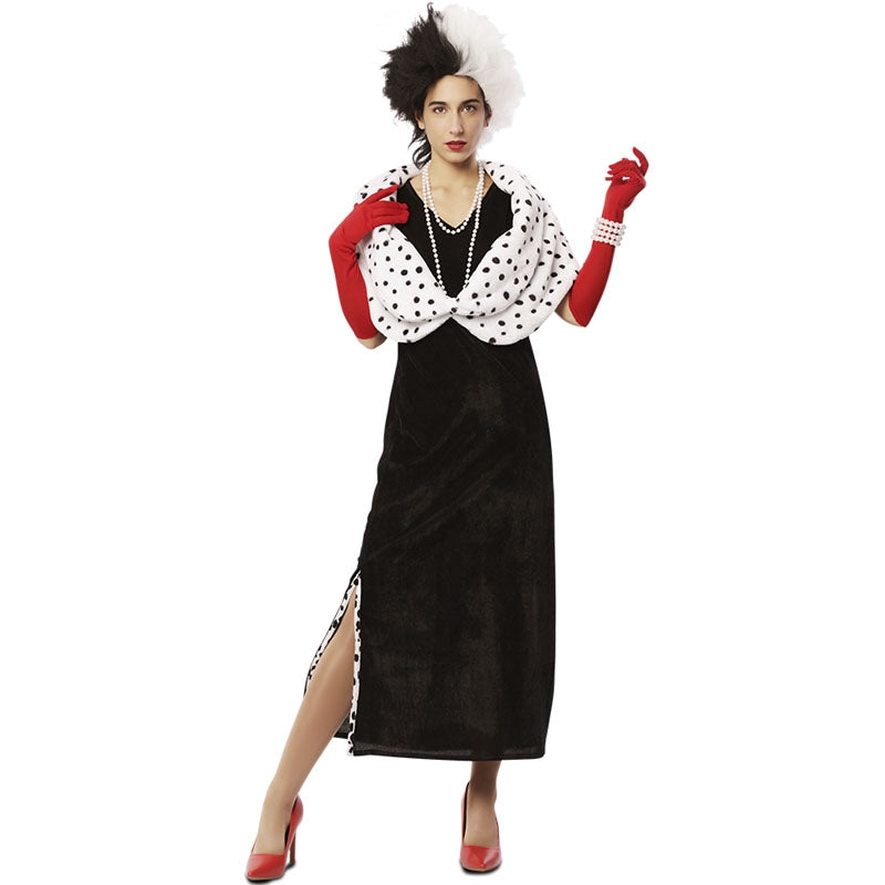 Costume da Crudelia per Ragazze Regina Cattiva Vestito Dalmata Nero Bianco Vestito con Guanti Parrucca Bocchino per Sigarette Personaggio di Film Fantasia Compleanno di Halloween Vestito da Festa