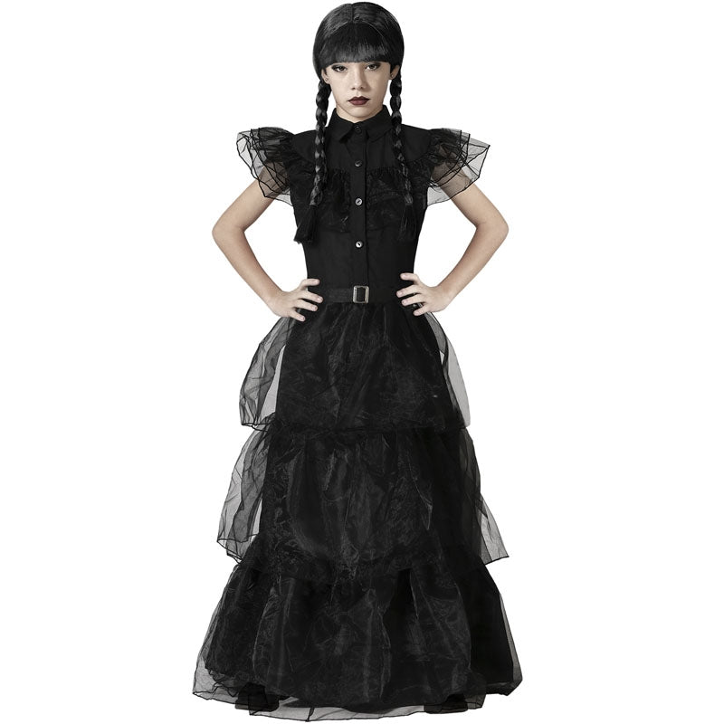 Costume Mercoledì (Wednesday) Per Bambina - Vestito Gotico Nero Con Colletto Bianco, Gonna In Tulle, Cintura, Calzini E Parrucca Inclusi