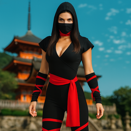 Combinaison shorty de femme ninja noire et rouge Combinaison shorty de femme ninja noire et rouge