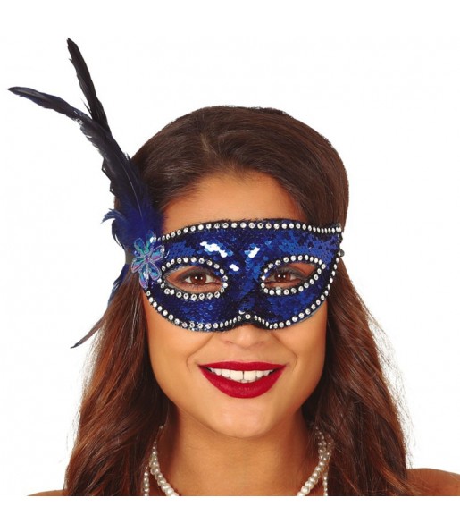 Maschera paillettes blu con piuma per poter completare il tuo costume Halloween e Carnevale