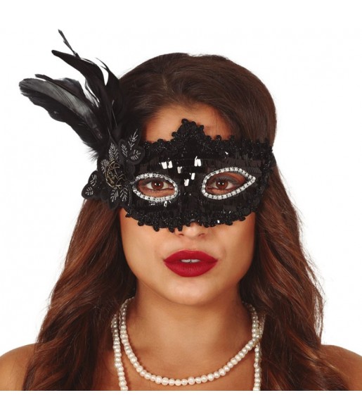 Maschera paillettes nera con piuma per poter completare il tuo costume Halloween e Carnevale