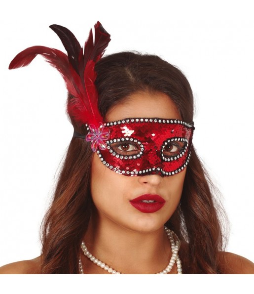Maschera paillettes rosso con piuma per poter completare il tuo costume Halloween e Carnevale