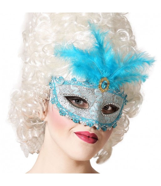 Maschera veneziana blu con piuma per completare il costume