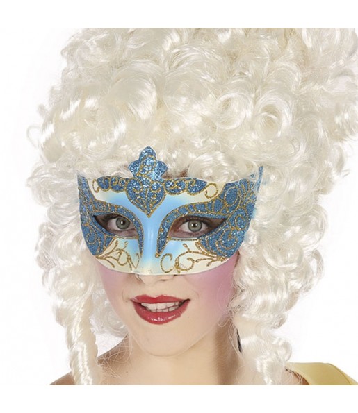 Maschera veneziana blu con brillantini per completare il costume