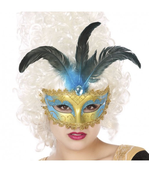 Maschera veneziana con piuma blu cielo per completare il costume