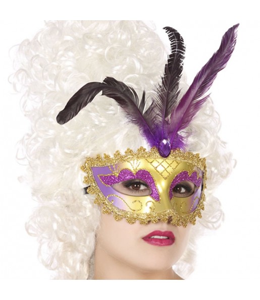 Maschera veneziana con piuma viola per completare il costume