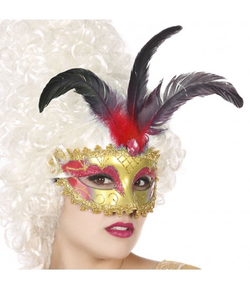 Maschera veneziana con piuma rossa per completare il costume
