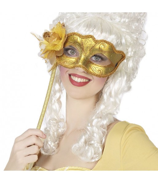 Maschera veneziana dorata con supporto per completare il costume