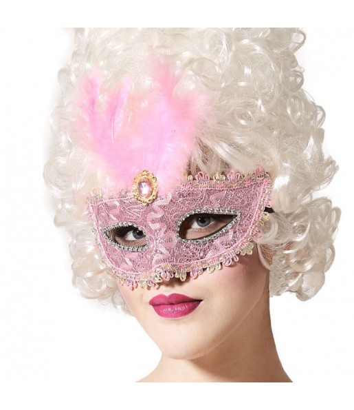 Maschera veneziana rosa con piuma per completare il costume