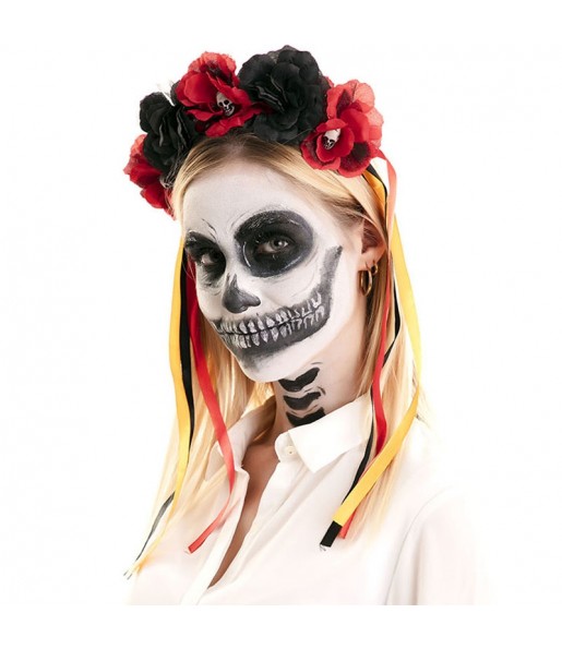 Cerchietto Giorno dei Morti con fiori neri e rossi per completare il costume di paura