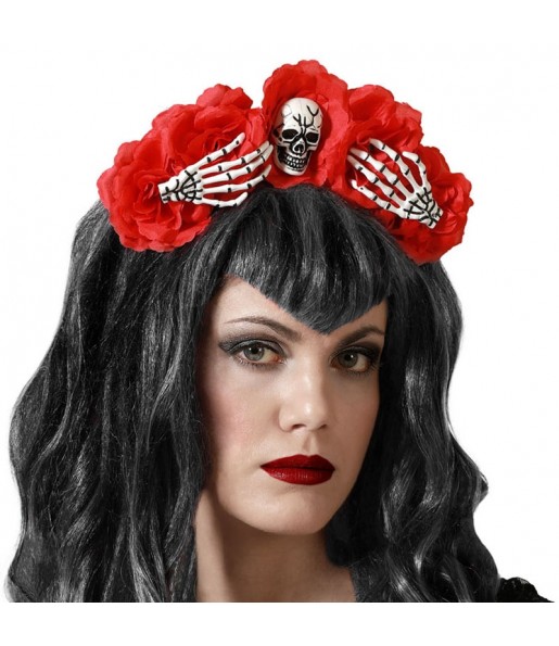 Cerchietto scheletro con fiori rossi per completare il costume di paura