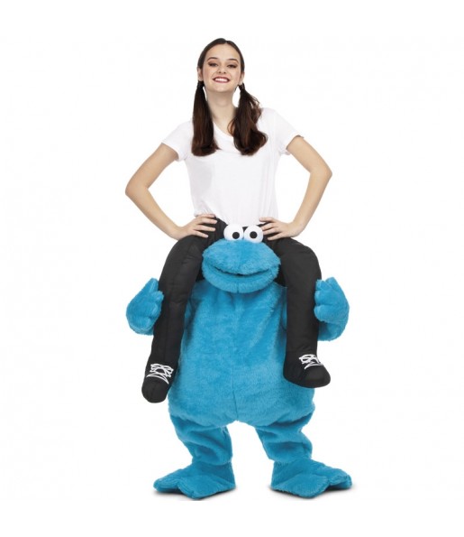 Travestimento adulto Cookie Monster Sesame Street a cavallucio per una serata in maschera 