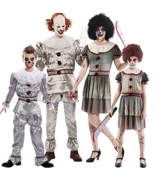 Costumi Clown malvagi grigi per gruppi e famiglie