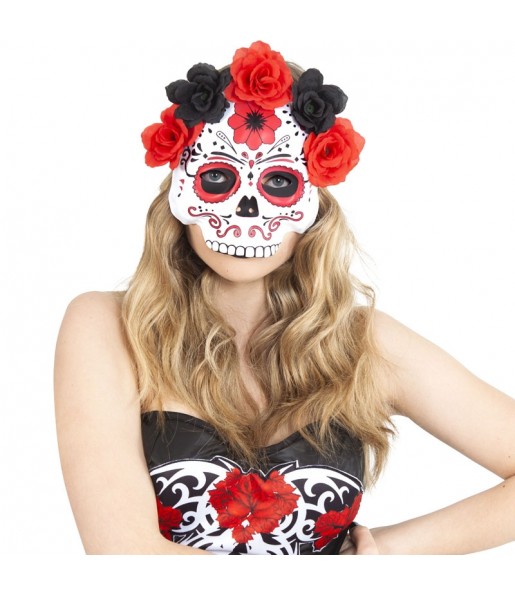 Maschera Catrina con fiori rossi e neri per completare il costume di paura