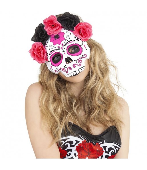 Maschera Catrina con fiori rosa e neri per completare il costume di paura