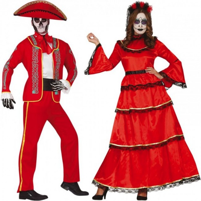 Vestiti di Carnevale di coppia Scheletri rossi messicani online