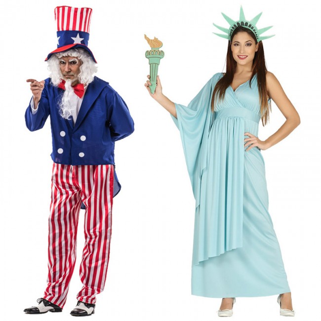 Coppia di vestiti di Carnevale adulti Zio Sam e Zia Sam americani USA