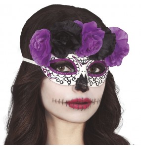 Maschera Catrina fiori viola e neri per completare il costume di paura