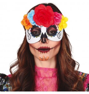 Maschera Catrina con corona di fiori per completare il costume di paura