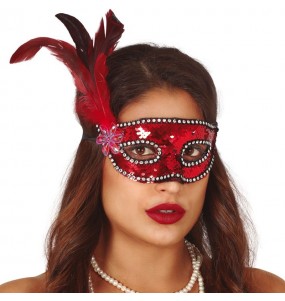Maschera paillettes rosso con piuma per poter completare il tuo costume Halloween e Carnevale