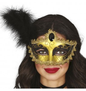 maschera oro e nero con piuma per completare il costume