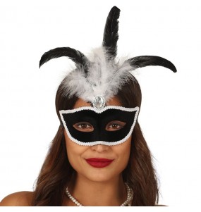 Maschera velluto nero con piuma per poter completare il tuo costume Halloween e Carnevale