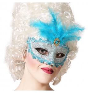 Maschera veneziana blu con piuma per completare il costume