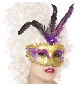 Maschera veneziana con piuma viola per completare il costume