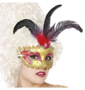 Maschera veneziana con piuma rossa per completare il costume