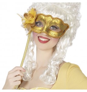 Maschera veneziana dorata con supporto per completare il costume
