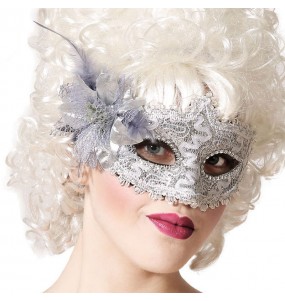 Maschera veneziana argento con fiore per completare il costume