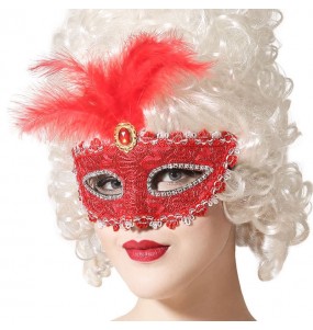 Maschera veneziana rossa con piuma per completare il costume