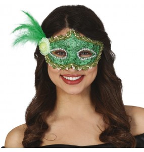 Maschera verde con piuma per completare il costume