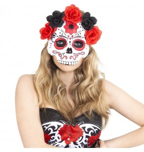 Maschera Catrina con fiori rossi e neri per completare il costume di paura