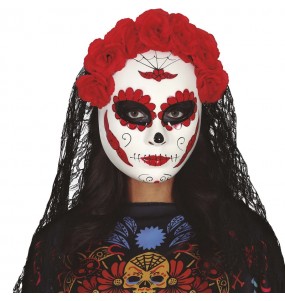 Maschera Catrina con fiori e velo per completare il costume di paura