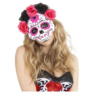 Maschera Catrina con fiori rosa e neri per completare il costume di paura