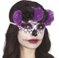 Maschera Catrina fiori viola e neri per completare il costume di paura