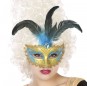 Maschera veneziana con piuma blu cielo per completare il costume