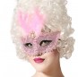 Maschera veneziana rosa con piuma per completare il costume