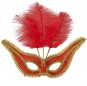 Maschera rossa con finiture e piume per completare il costume